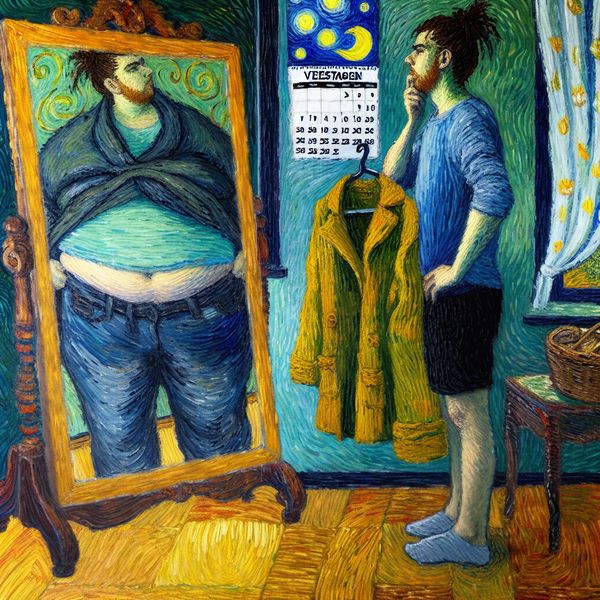 Persoon voor een spiegel met twee verschillende outfits die gewichtsverandering symboliseren, Van Gogh-stijl