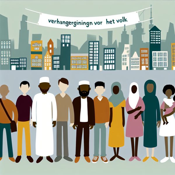 Illustratie van Gewone Mensen in de Stad Minimalistische illustratie van een diverse groep gewone mensen in een stadstraat, met een banner die 'Veranderingen voor het Volk' toont.