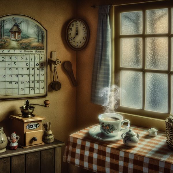 Knusse oude keuken met dampende koffie, kalender met omcirkelde dagen 'koffie' en een nostalgische sfeer, die gewoonlijke routines uitbeeldt
