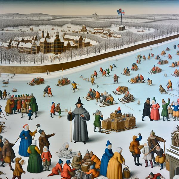 17e-eeuwse wintertafereel met arbeiders onder gezag van een opzichter aan een bevroren kanaal, in de stijl van Hendrick Avercamp