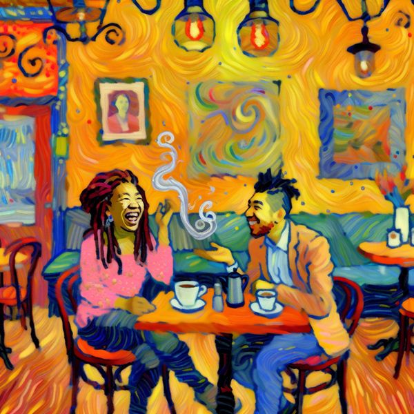 Interieur van een gezellig café met twee vrienden die een gesprek voeren over koffie.