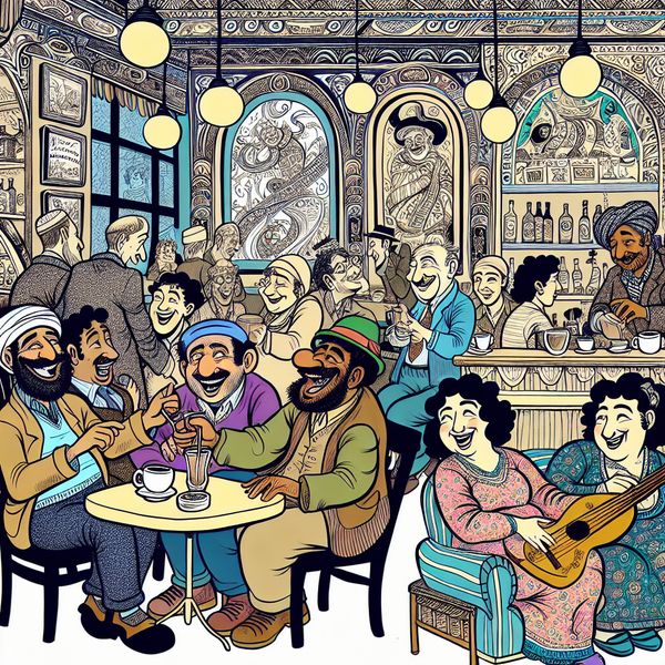 Gezellig café met ontspannen sfeer en kleurrijke kunst Een gezellig café met patrons die ontspannen genieten van hun tijd, met kleurrijke banners en een muzikant op de achtergrond.