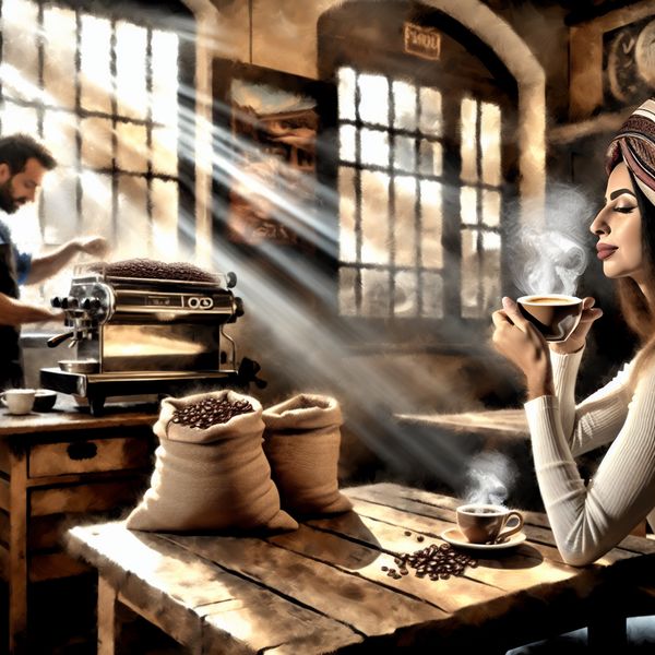 Gezellige café scène met een persoon die koffie drinkt Een persoon geniet van een dampende kop koffie aan een rustiek houten tafel in een gezellige caféomgeving.