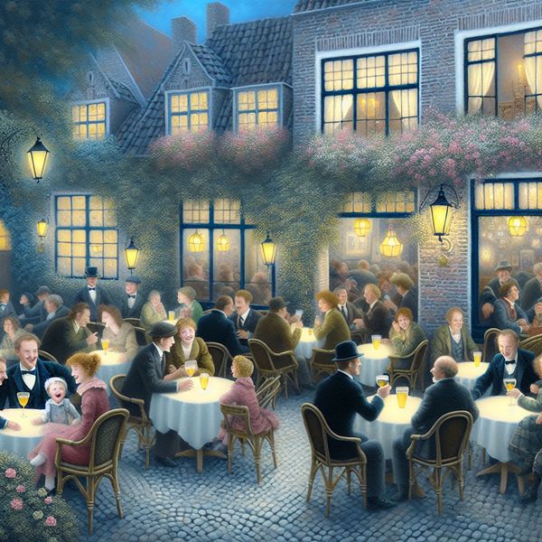 Gezelligheid in een sfeervol café Gezellig café tafereel met klanten die genieten van hun drankjes onder zachte verlichting en omringd door bloemen.