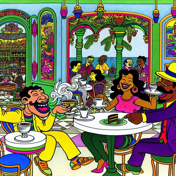 Gezellig café met vrolijke sfeer en heerlijke koffie Vrolijke ober serveert koffie en cake aan een gelukkig paar in een cartoonachtig café met kleurrijke decoraties.