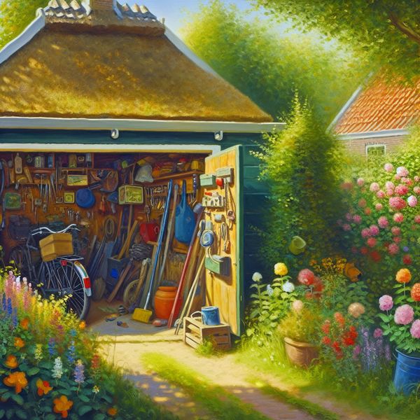 Een klein, gezellig garagetje in een groene tuin met kleurrijke bloemen, vol met rommelige spullen.