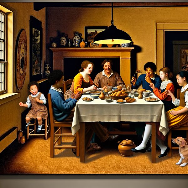 Gezellige eetscène in gezinsverband tijdens het diner Gezellige eetscène van een gezin dat aan tafel dineert, met een hond dat onder de tafel wacht.