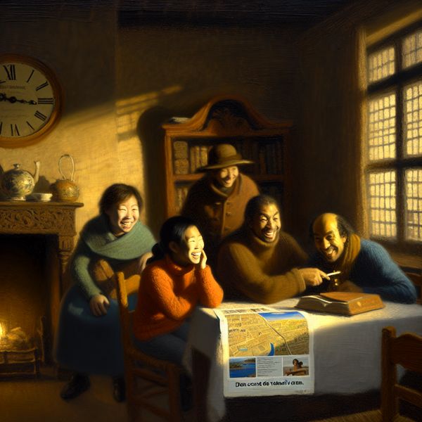 Gezellig gezin in woonkamer met vakantieplanning Een warme en intieme scene in een gezellige woonkamer met een gezin dat in gesprek is over hun aankomende vakantie.
