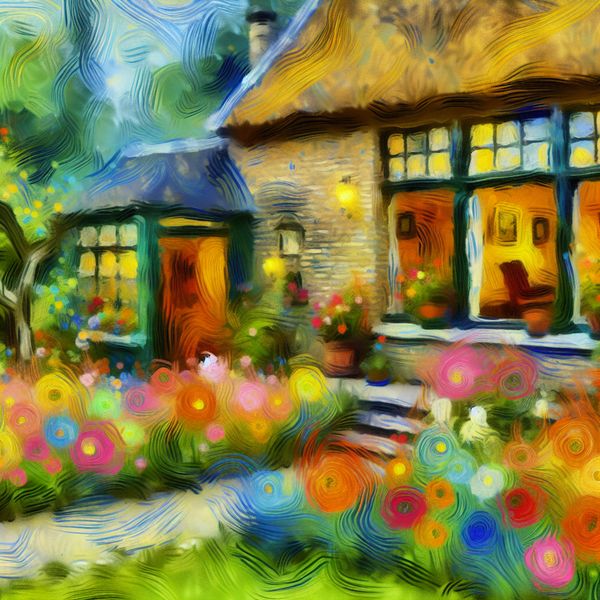 Gezellig Huis met Kleurrijke Tuin in Expressieve Stijl schilderij van huis met kleurrijke tuin