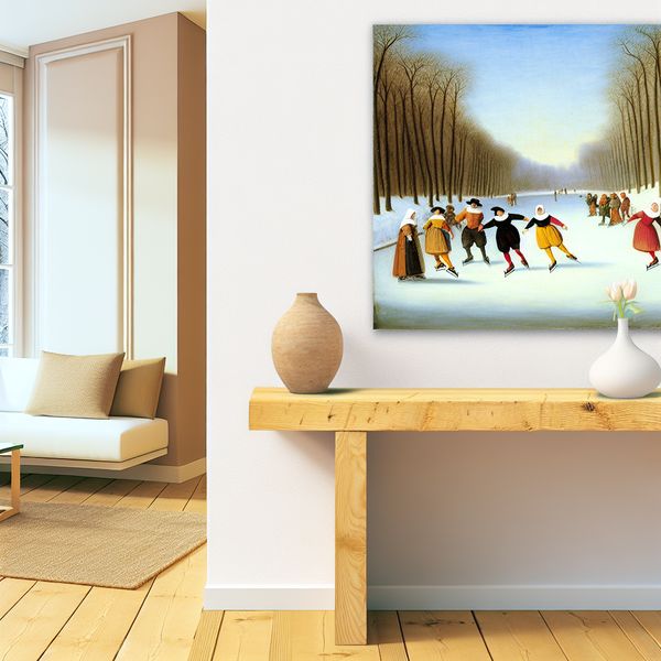 Gezellig interieur met winter schilderij voor taal leren Een klein schilderijtje van een winterlandschap met schaatsende figuren, geplaatst op een houten plank in een gezellige kamer.