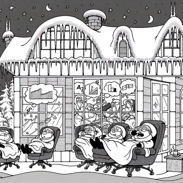 Gezellig zomer kantoor in winterse hibernatie Een cartoonachtige kantooromgeving met een gesloten bord en een winterlandschap, waar cartoonfiguren vredig slapen in comfortabele stoelen met dekens en warme chocolademelk.