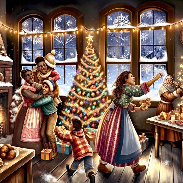 Gezellig gezin met een kerstboom, geschenken en feestelijke decoraties in een warme December sfeer