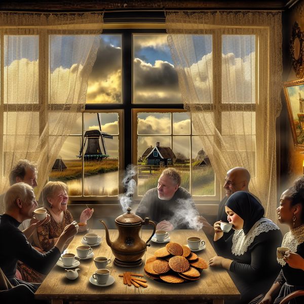 Gezellig koffiedrinken in Nederlandse sfeer met stroopwafels en windmolen Gezellige koffiemoment in een warm Nederlands interieur met koffie, stroopwafels en een uitzicht op een typisch Hollands landschap met windmolen