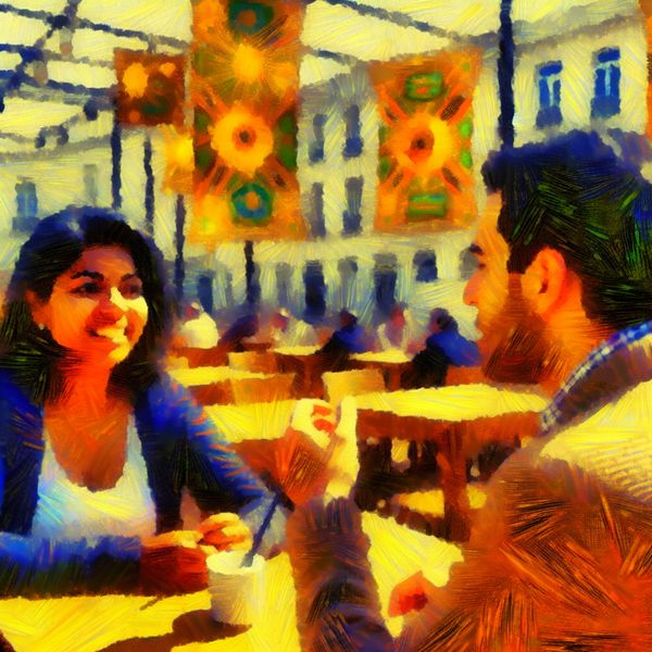 Gezellig Lunchdoen Twee collega's voeren een levendig lunchgesprek in een gezellig café.