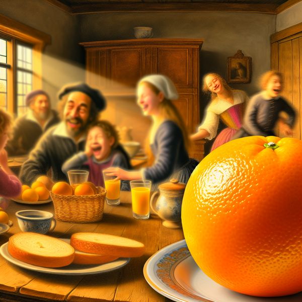 Gezellig ontbijt met sinaasappel in een warme keuken Een glanzende sinaasappel op een bord met een rustieke tafel en een gezin dat samen ontbijt aan een zonnige ochtend