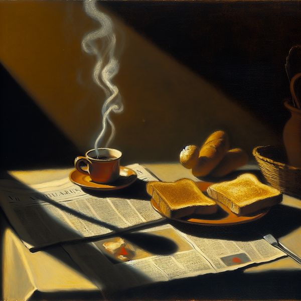 Een gezellige ontbijtscene met een prachtig gedekte tafel, een dampende kop koffie, een bord met toast en een deels geopende krant.