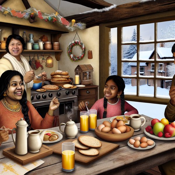 Gezellige familietafel met ontbijt in een winterse keuken, inclusief eieren, vers brood en koffie.