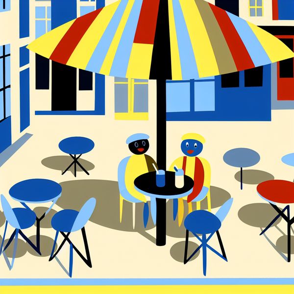 Gezellig terrasje in de stad: buiten zitten bij een café met vrienden Minimalistische illustratie van een gezellig terrasje bij een stadscafé met twee mensen onder een gestreepte parasol