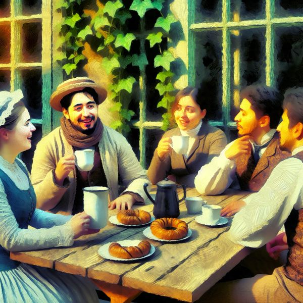 Charmant vintage café met vrienden tijdens een pauze Een gezellige, dromerige illustratie van een vintage café met vrienden die genieten van koffie en gebak na een presentatie.