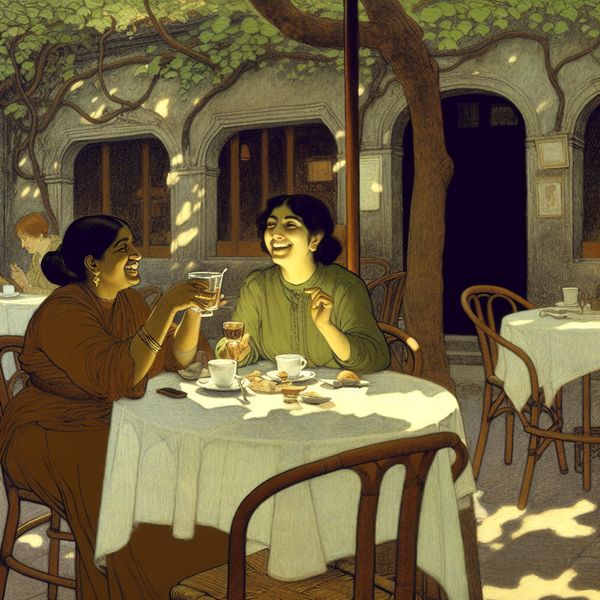 Twee vrouwen zitten aan een tafel op een terras van een gezellig café, praten enthousiast over hun recente vakanties terwijl de zon door de bomen schijnt.