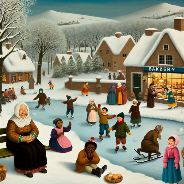 Gezellig winterlandschap met kinderen en een oudere persoon Een gezellige winterlandschap met een oudere persoon op een bank, omringd door spelende kinderen en een warme bakkerij op de achtergrond.