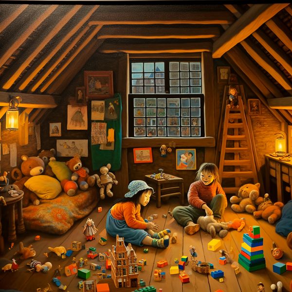 Schattig zolderkamertje voor kinderen met speelgoed Kinderen spelen in een gezellig zolderkamertje vol met speelgoed en kunstwerken.