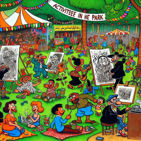 Een levendige cartoon van een buitenactiviteit in een park met mensen die picnics houden, kinderen die spelen, en kunstenaars die schilderen.