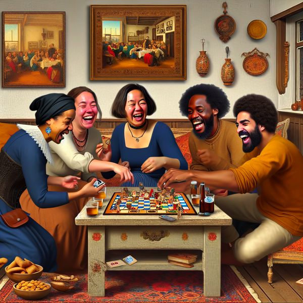 Gezellige avond met vrienden in de woonkamer Vijftal vrienden speelt bordspellen in een warme, gezellige woonkamer, waarbij gelach en stralende gezichten te zien zijn.