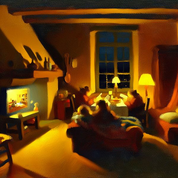 Avondscène Met Gezin in Rembrandt-stijl Gezellige avondscène in Rembrandt-stijl van een gezin in een warme woonkamer
