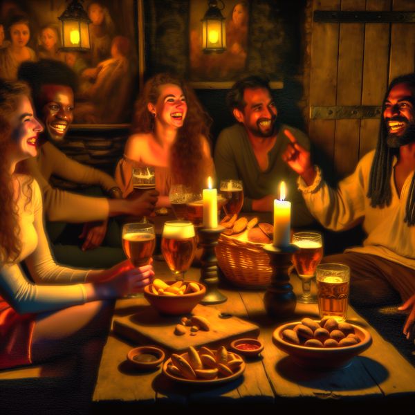 Gezellige bar scène met vrienden - Sociën in de kroeg Een gezellige bar scène met vrienden die om een rustieke tafel zitten, vol met glazen bier en hapjes, verlicht door kaarslicht