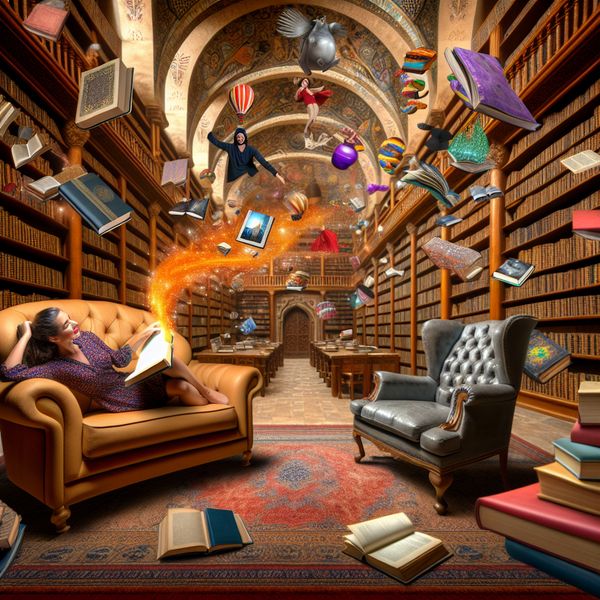 Gezellige Bibliotheek met Boeken en Aanbevelingen Een persoon ontspannen in een ruime, pluizige fauteuil in een gezellige bibliotheek met zwevende boekillustraties.
