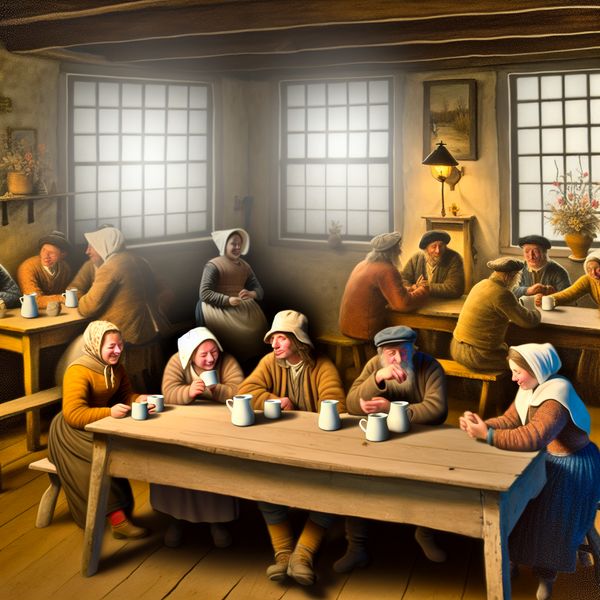 Bijeenkomst in een Gezellige Gemeenschapszaal Een gezellige bijeenkomst in een kleine gemeenschapszaal met lachende dorpelingen die warme dranken delen.