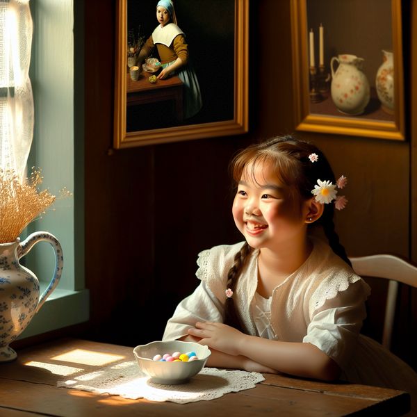 Cozy Interior with Dochtertje: A Vermeer Inspired Scene Een jong meisje met een bloemenhaar, zittend aan een houten tafel met kleurrijke snoepjes, in een serene ruimte geïnspireerd door Vermeer.