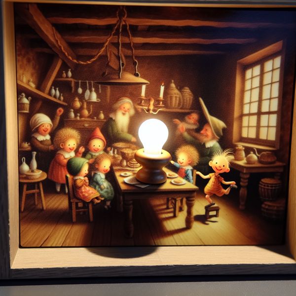 Charming Indoor Scene with 'het donkertje' Lamp Een schattige lamp genaamd 'het donkertje' die een gezellig tafereel verlicht in een kleurrijke kamer.
