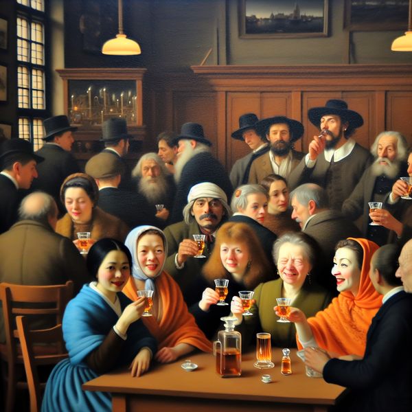 Gezellige Borrel in een Nederlands Café Groep vrienden in een gezellig Nederlands café, geïnspireerd door Hendrick Avercamp, proostend met kleine glazen sterke drank