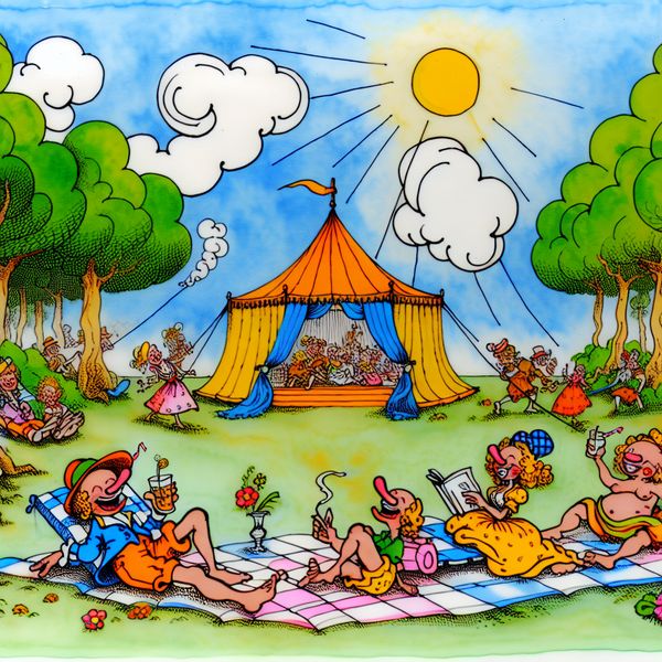 Zonnige Camping Dag met Lichte Deken Cartoon scène van een gezellige campingdag met een familie op een lichte deken
