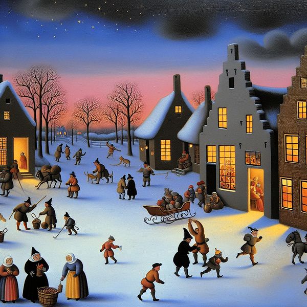 Dutch winteravond met plannen en afspraken: gezellige sfeer vanavond Gezellige winteravond in een Nederlands dorp met mensen die plannen maken voor vanavond, ijsbanen en verlichte huizen in Hendrick Avercamp-stijl