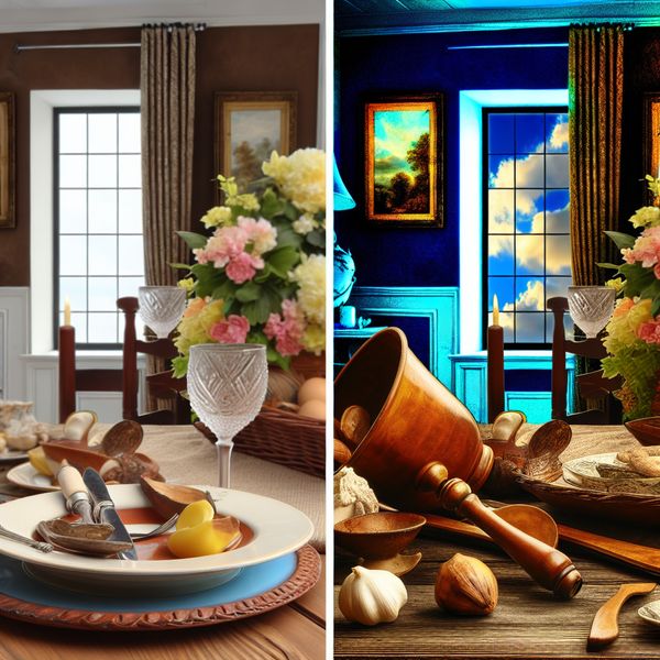 Gezellige eetkamer met elegant tafelgebruik voor een diner Een gezellige eetkamer met een bijna leeggemaakte tafel, elegant gedekte tafelwaren en een mooi centerpiece, terwijl een dramtische lucht door het raam zichtbaar is.