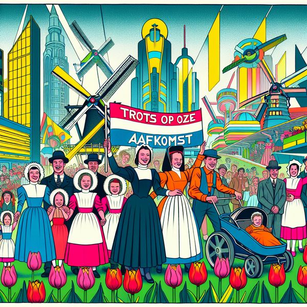 Gezellige familie in traditionele Nederlandse kleding viert cultureel erfgoed met een banner 'Trots op onze afkomst', omringd door windmolens en tulpen.