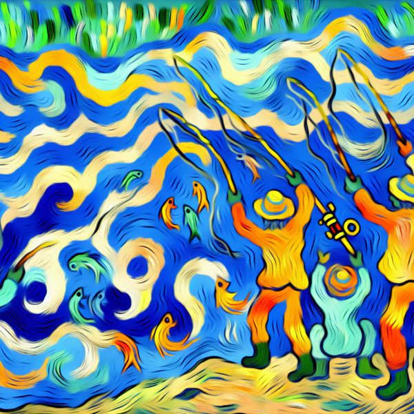 Gezellige Familie Vissen in een Abstracte Stijl Een kleurrijke en abstracte afbeelding van een blije familie die samen vist aan een rivier, met dynamische waterbewegingen en felle kleuren.