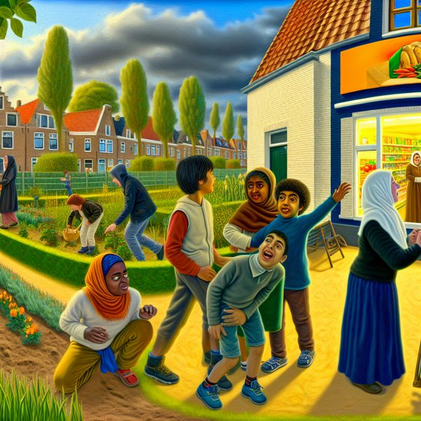 Een familie wandelt vrolijk naar een kleurrijke supermarkt in de buurt, terwijl kinderen spelen in de tuin.