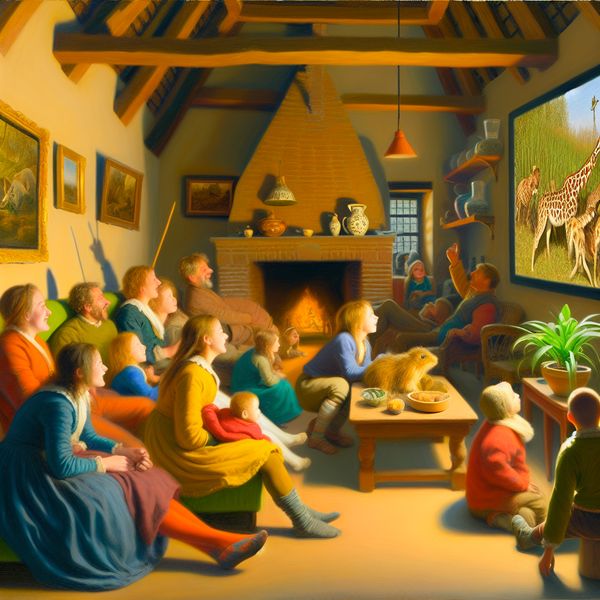 Gezin kijkt naar natuurdocumentaire in gezellige woonkamer Gezellige familiescene in een woonkamer waar een gezin enthousiast naar een natuurdocumentaire kijkt op televisie.
