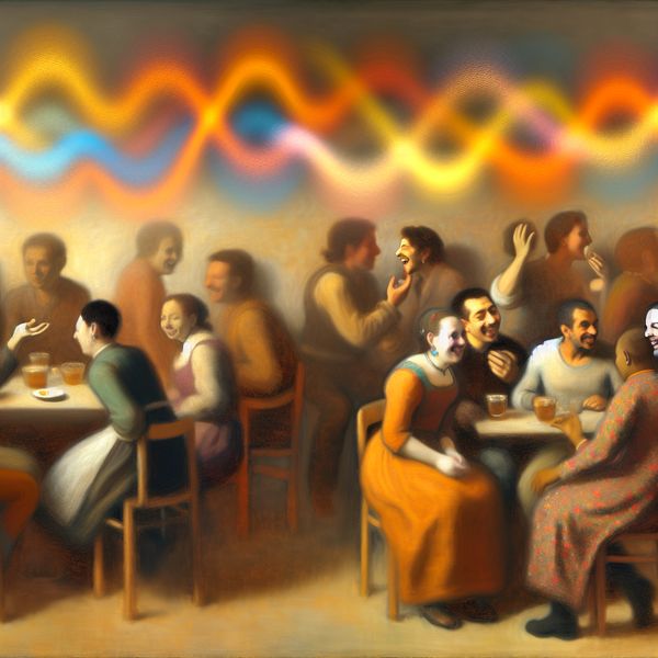 Gezellige Feestscène met Geluiden van Een Informele Bijeenkomst Een gezellige binnenshuis feestscène met lachende mensen die druk in gesprek zijn, omringd door een warme sfeerverlichting.