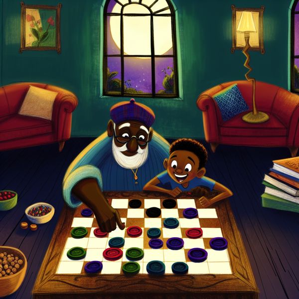 Gezellige scene van dammen spelen in de woonkamer Een kleinzoon leert zijn grootvader dammen spelen op een kleurrijk dambord in een gezellige woonkamer.