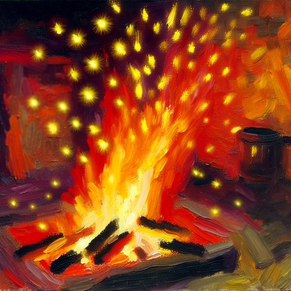Kunstzinnige houten kachel met vurige vonken Abstracte expressie van een gezellige houtkachel met levendige vonken die stralen in een chaotische achtergrond van warme kleuren.