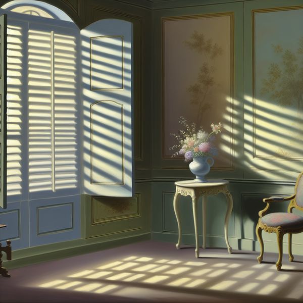 Cozy Serene Room with Pastel Shutters for Language Learning Zachte, serene kamer met pastelgekleurde luiken, een comfortabele stoel, en een vaas met bloemen op een tafeltje.
