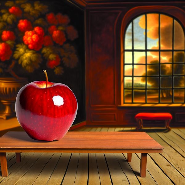 Gezellige kamer met rode appel op tafel – Dichtbij gevoel Een houten tafel in een sfeervolle kamer met een glanzende rode appel, omringd door groen en met dramatische luchten zichtbaar achter een raam.