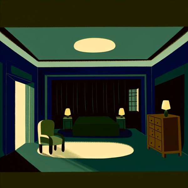 Cozy Minimalistische Kamer Illustratie met Donkere Kleuren Minimalistische illustratie van een gezellige kamer met donkere tinten zoals marineblauw en smaragdgroen, verlicht door een zachte gloed