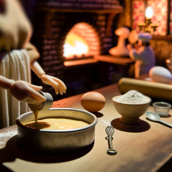Een gezellig keukenscène met een ronde bakpan gevuld met cakebeslag op een houten aanrecht, met een bakoven op de achtergrond.