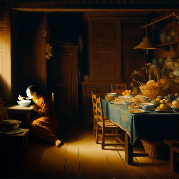 Gezellige keuken met feestmaal zonder verplichtingen Een gezellig verlichte keuken met een prachtig gedekte eettafel, waar een persoon volop geniet van een feestmaal zonder verplichtingen.